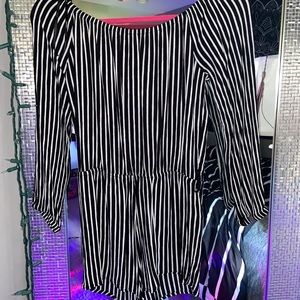 Off the shoulder black and white striped romper